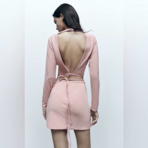 Zara NWT Cropped Open Back Top with Ties Pale Pink Size XL Bloggers Fav - Picture 1 of 11